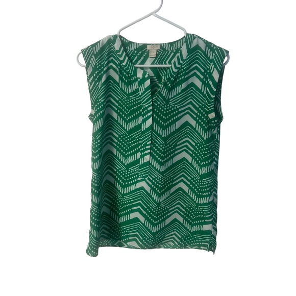 J.Crew Sleeveless Top Green White Chevron Print Blouse Size 0 - Picture 1 of 4